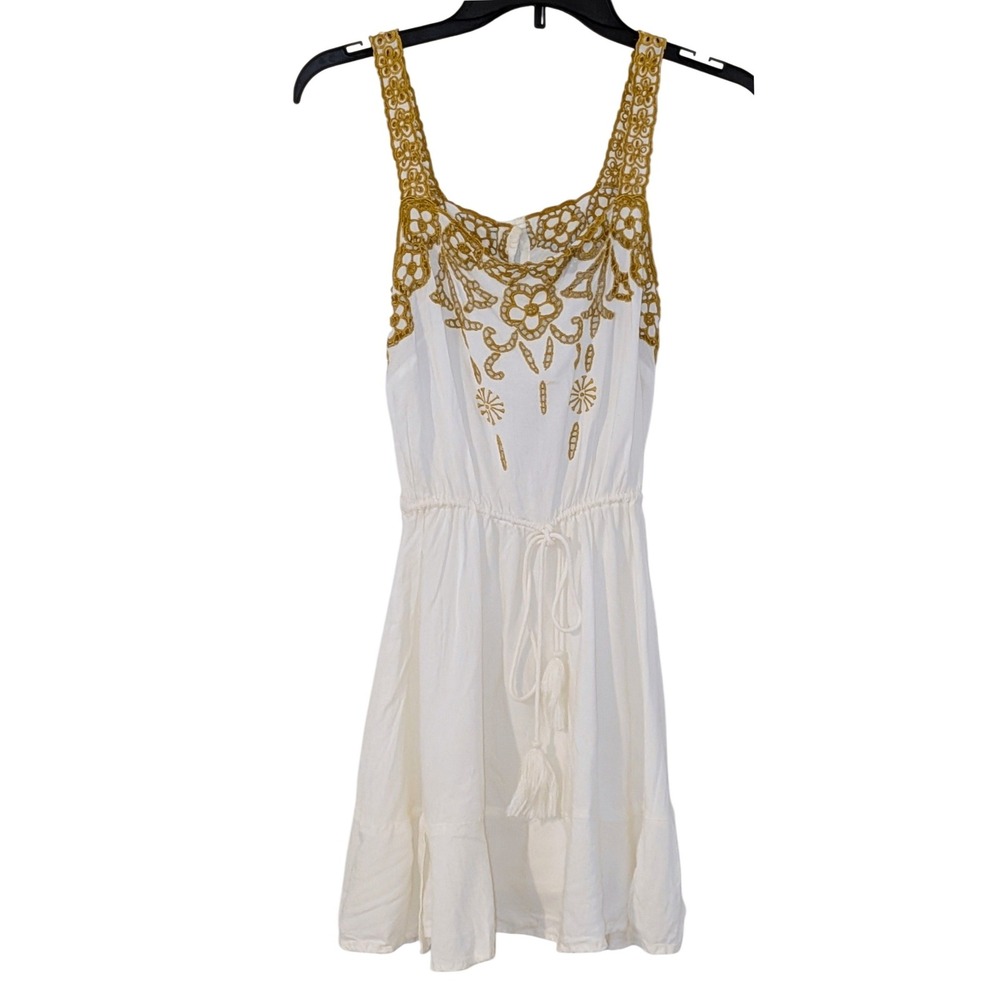 Cleobella White Gold Embroidered Crochet Lace Mini Dress XS Delicate Boho